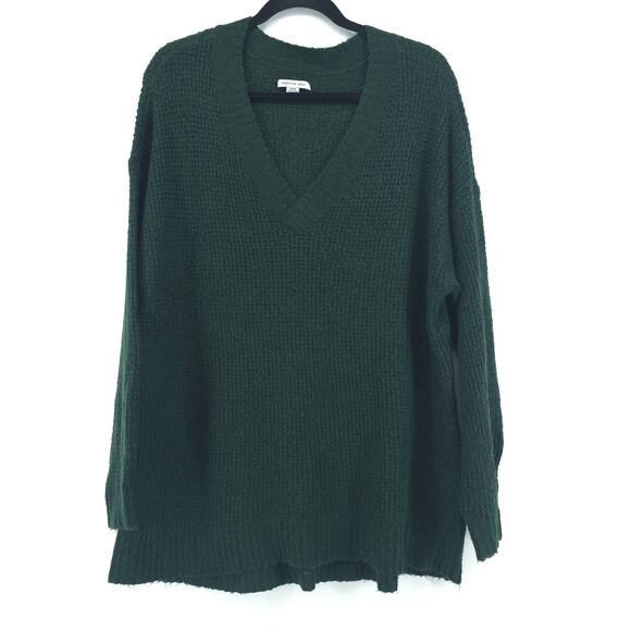 American Eagle VNeck Oversized Chunky Waffle Knit Tunic Hunter Green Split Hem M - Picture 1 of 12
